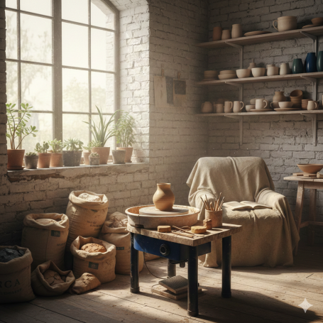 A rustic pottery studio with potted plants, a chair, and shelves of clay items.