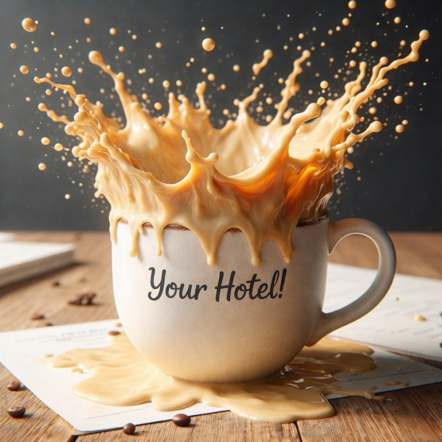 Client Projects Coffee splashing from a cup with "Your Hotel!" printed on it, surrounded by coffee beans.