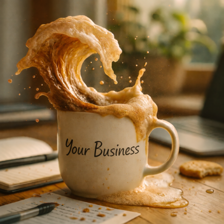 A coffee mug with "Your Business" slogan, overflowing with frothy coffee.