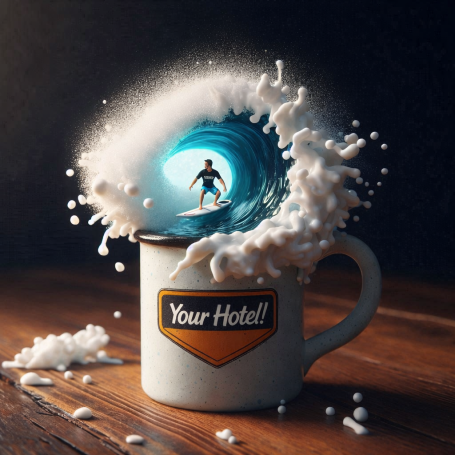 A coffee mug with a swirling wave and a surfer inside, capturing a dynamic ocean scene.