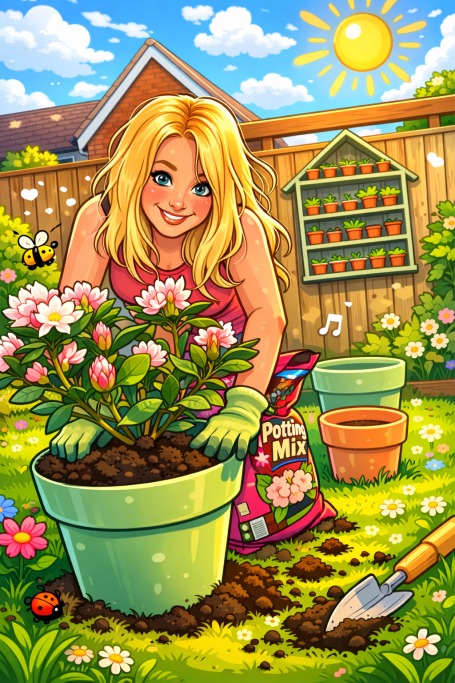 A woman with blonde hair plants flowers in a garden, surrounded by pots and a sunny backdrop.