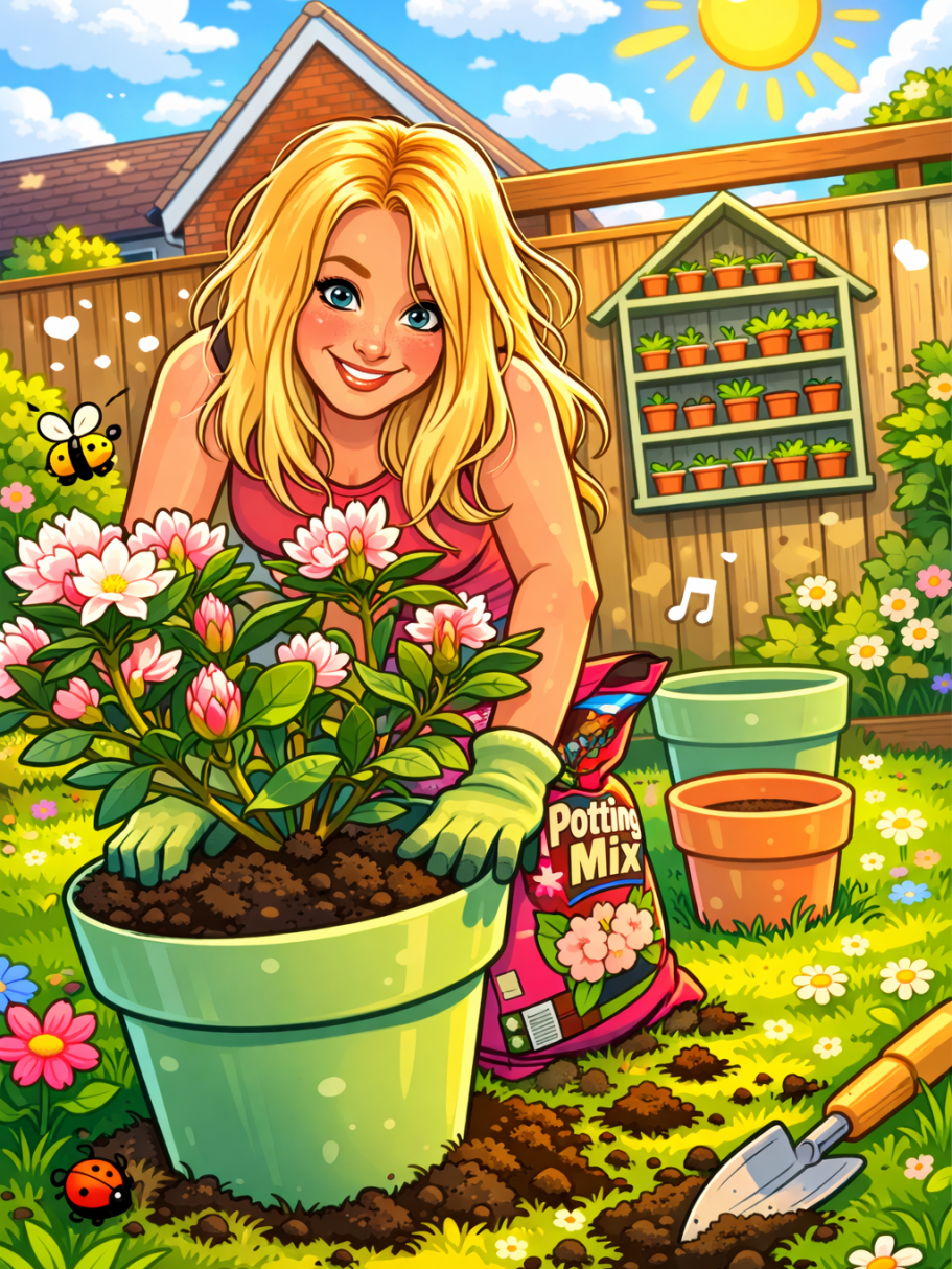 Client Projects Girl planting flowers in a sunny garden, with potted plants and gardening tools around her.