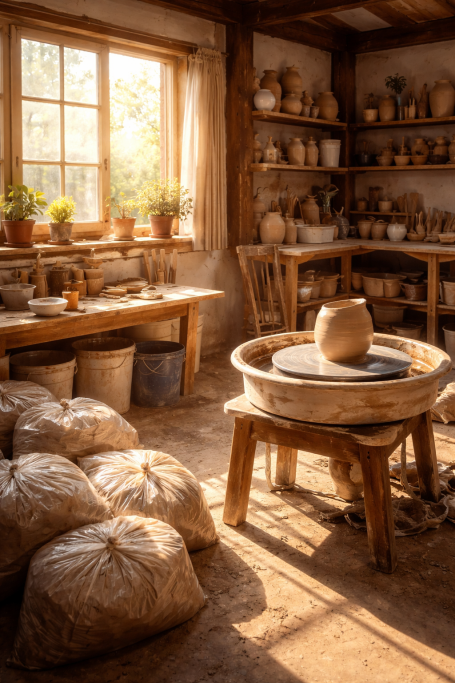 Pottery studio with a wheel, clay pots, and bags of clay in warm, natural light.