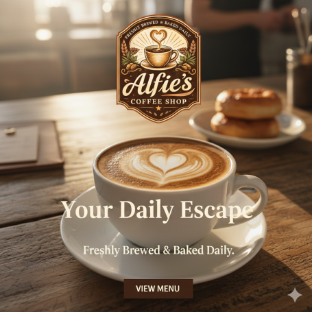 Cappuccino with a heart design next to a bagel in a cosy coffee shop setting.