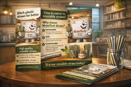 Promotional display for a recycling initiative with a smiling character and information.