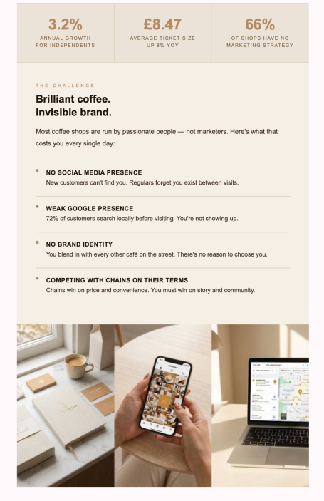 Promotional text highlighting features of a coffee brand with smartphone usage and maps.