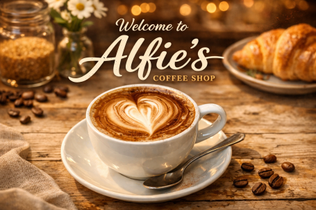 A cappuccino with a heart design, alongside a croissant and sugar, set on a wooden table.