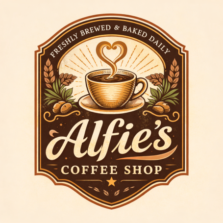 Logo for Alfie's Coffee Shop featuring a cup with a heart-shaped steam design.