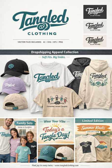Various apparel including hats and t-shirts from Tangled Clothing's current collection.