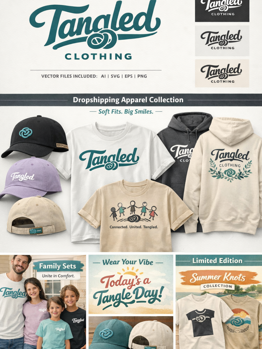 Client Projects Display of Tangled Clothing's Apparel Collection featuring various garments and accessories.