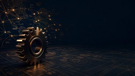 A metallic cog on a dark background with glowing digital circuitry elements.