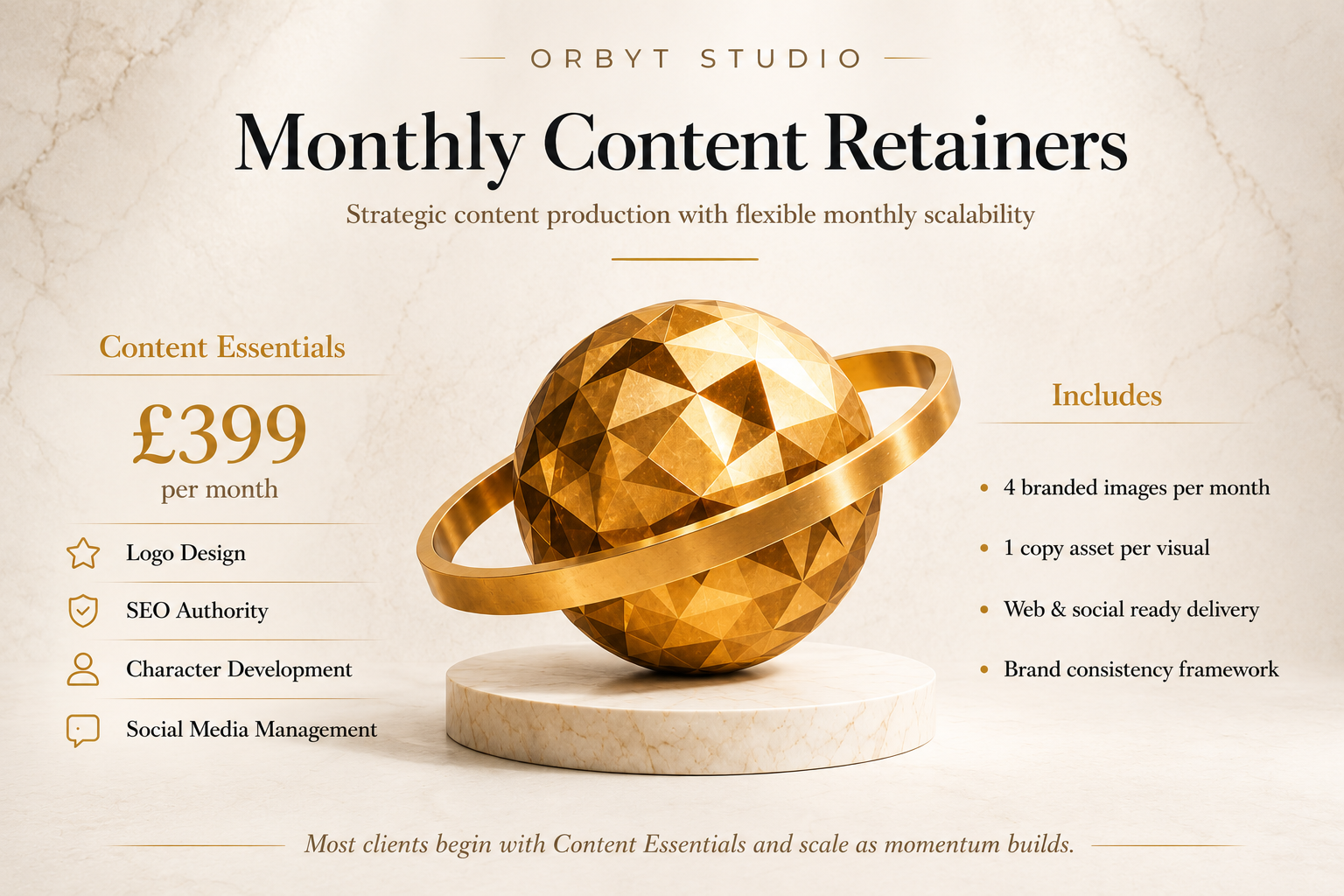 Ready to Start Graphic displaying monthly content retainers for Orbit Studio with a golden globe design.
