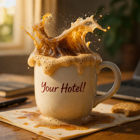 A coffee cup with frothy splashes and "Your Hotel!" printed on it.