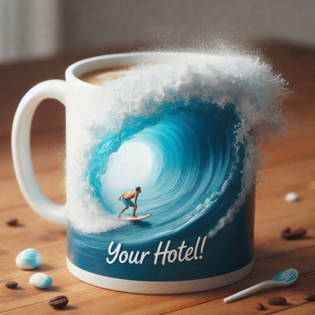 Mug featuring a surfer riding a wave with the text "Your Hotel!" on it.