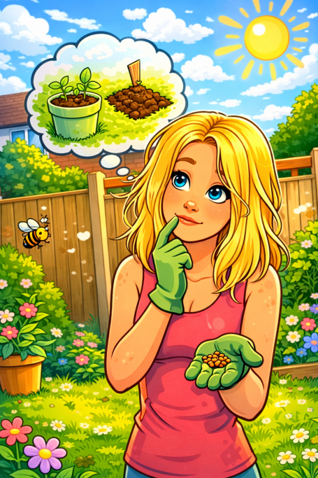 A young woman in garden gloves contemplates planting seeds in a sunny backyard.