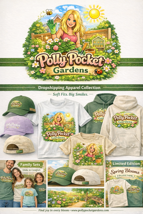 Promotional graphic featuring Polly Pocket themed merchandise with a garden design.
