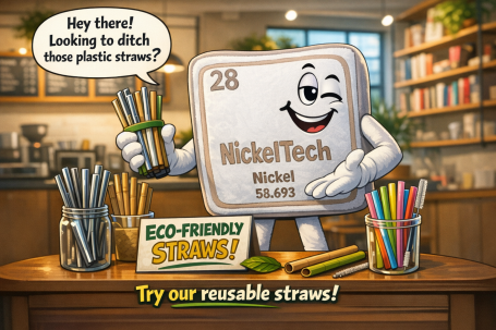 Cartoon character promoting eco-friendly reusable straws in a cafe setting.